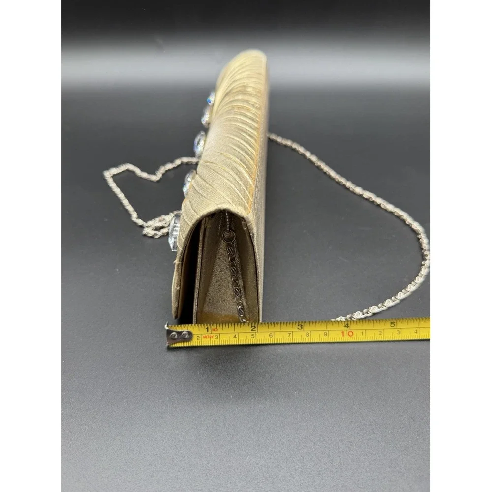 Gold Evening Clutch Purse Rhinestone Crystal Pleated Chain Strap Formal